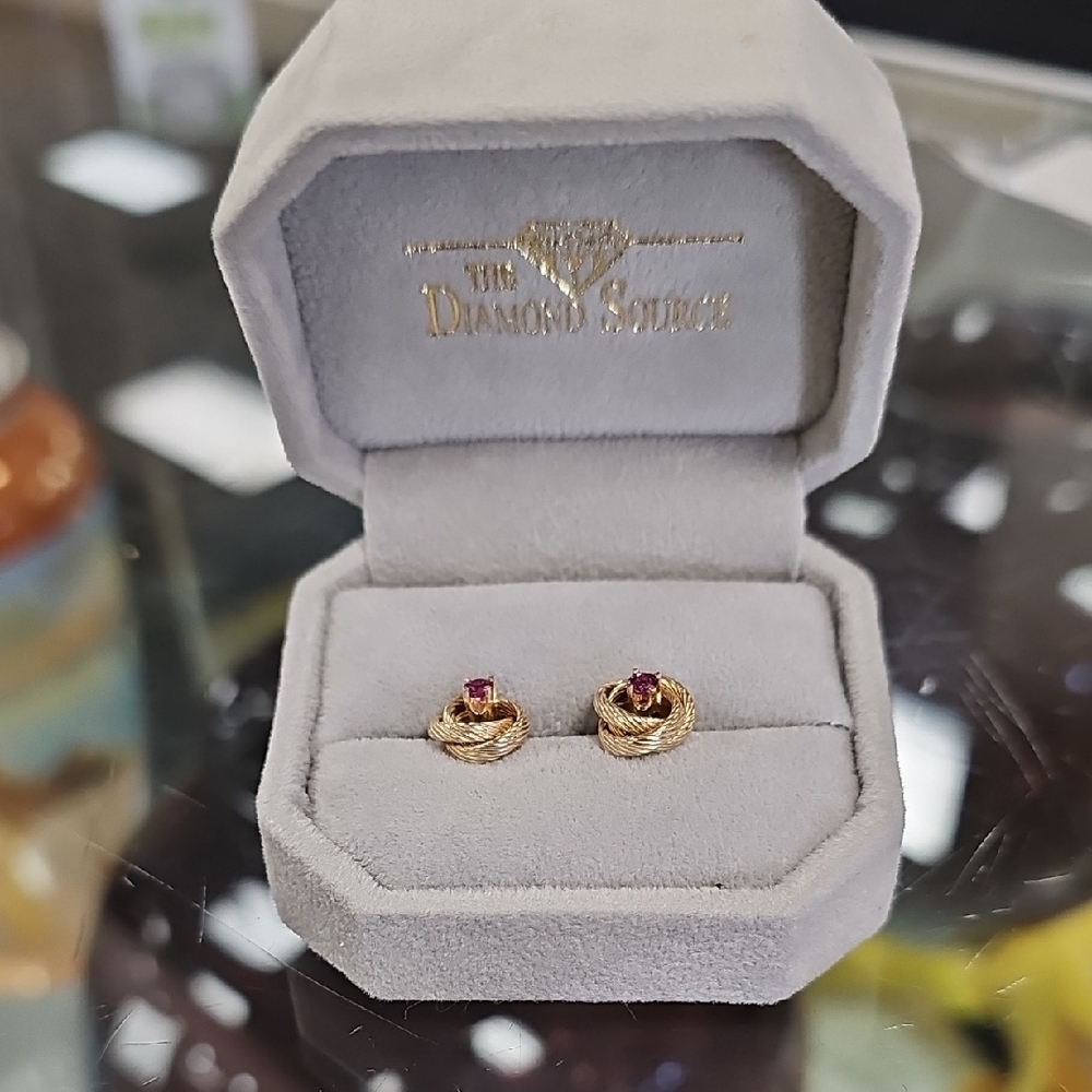Gold Knot Stud Earrings with Amethyst Accent -